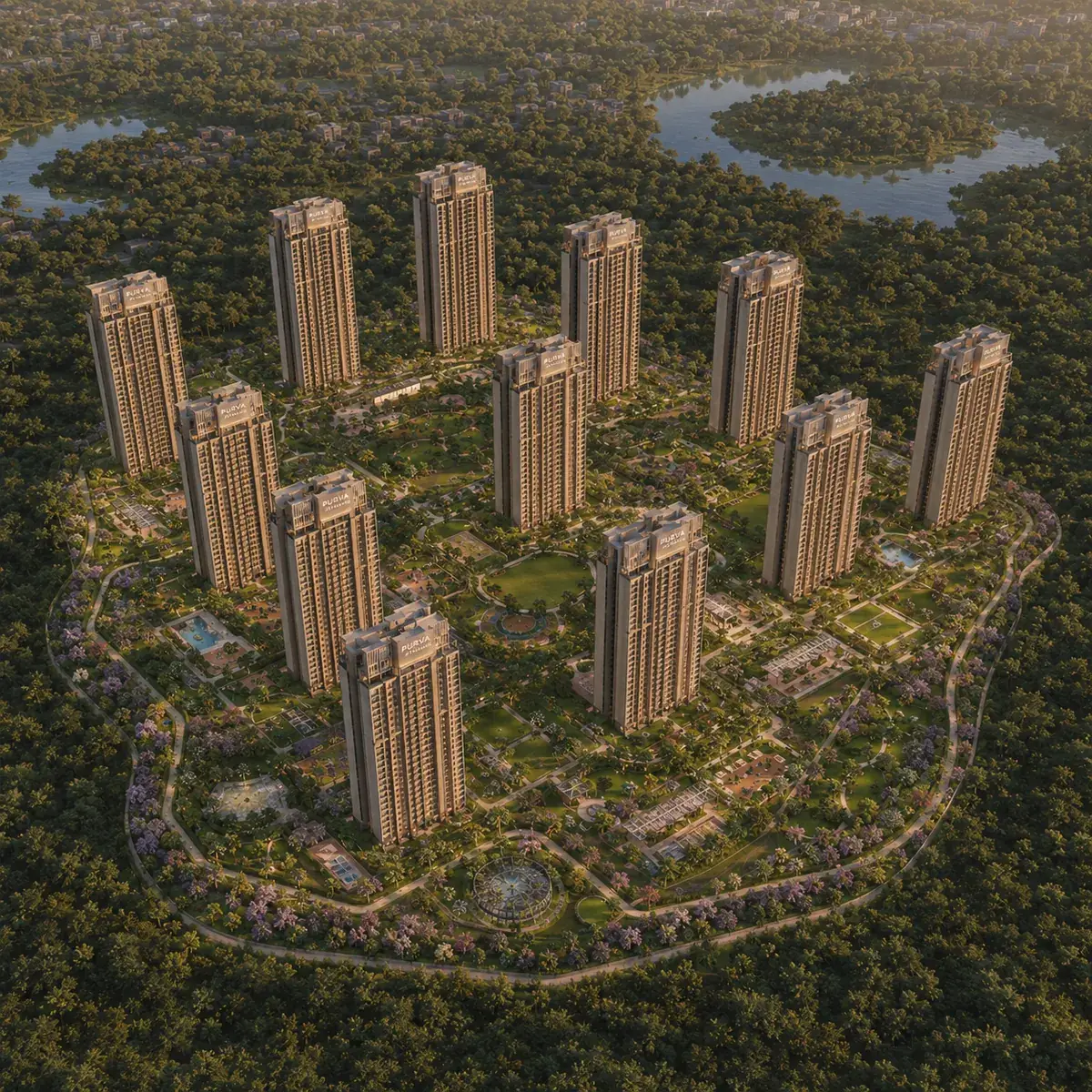 Purva Attibele aerial view — fourteen-tower podium township at Attibele Hobli, Anekal Taluk