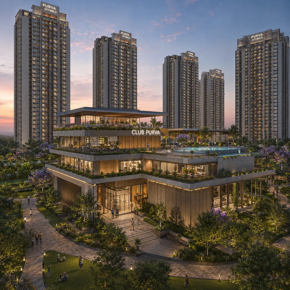 Purva Attibele multi-tier grand clubhouse with double-height entrance