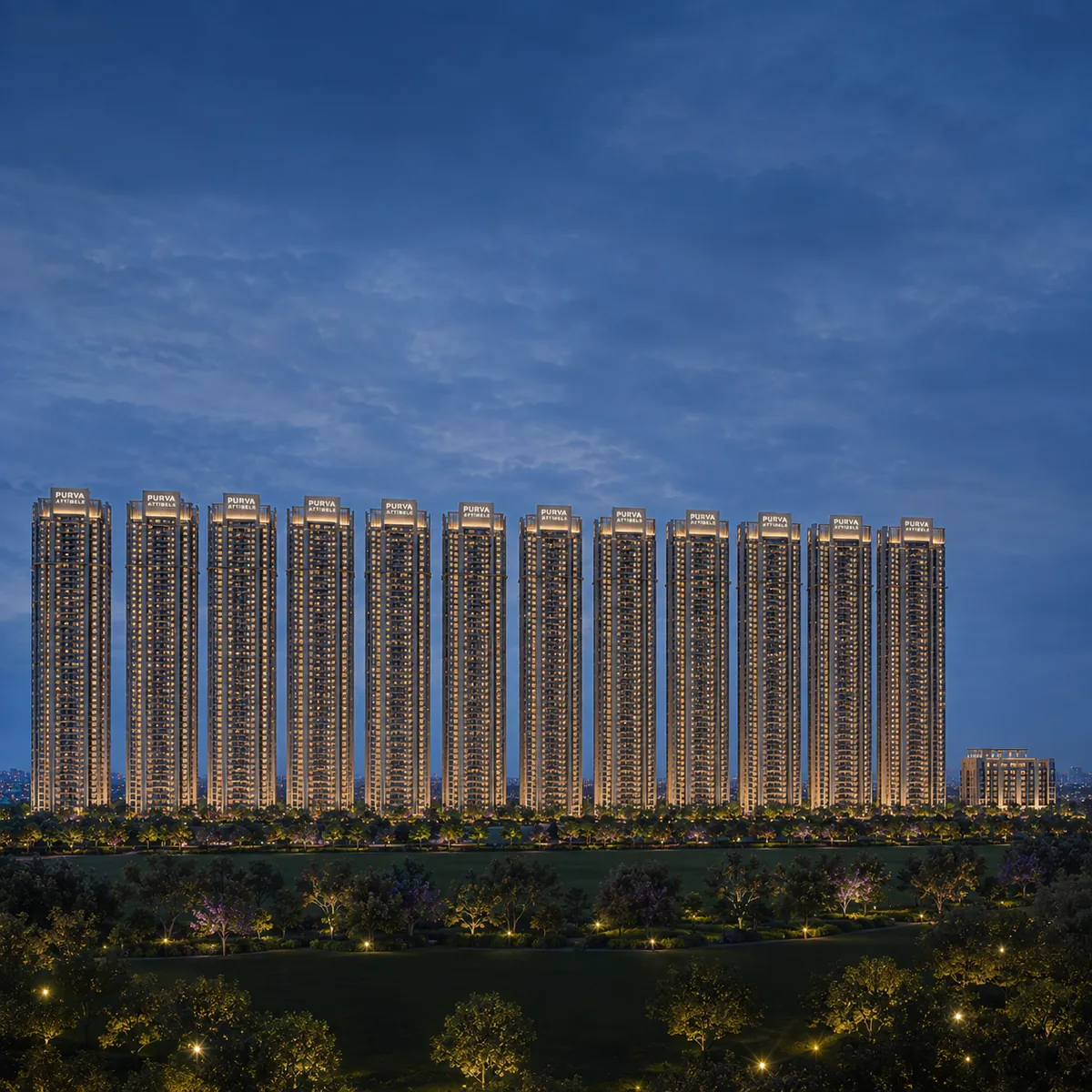 Purva Attibele fourteen-tower skyline on a uniform 80-metre datum at night